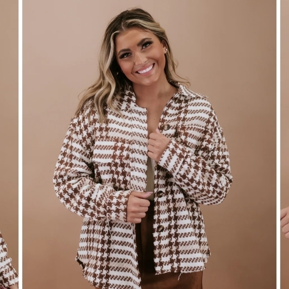 NWOT Polagram | Brown & Ivory Houndstooth Button Front Shirt Jacket Shacket - Picture 2 of 7